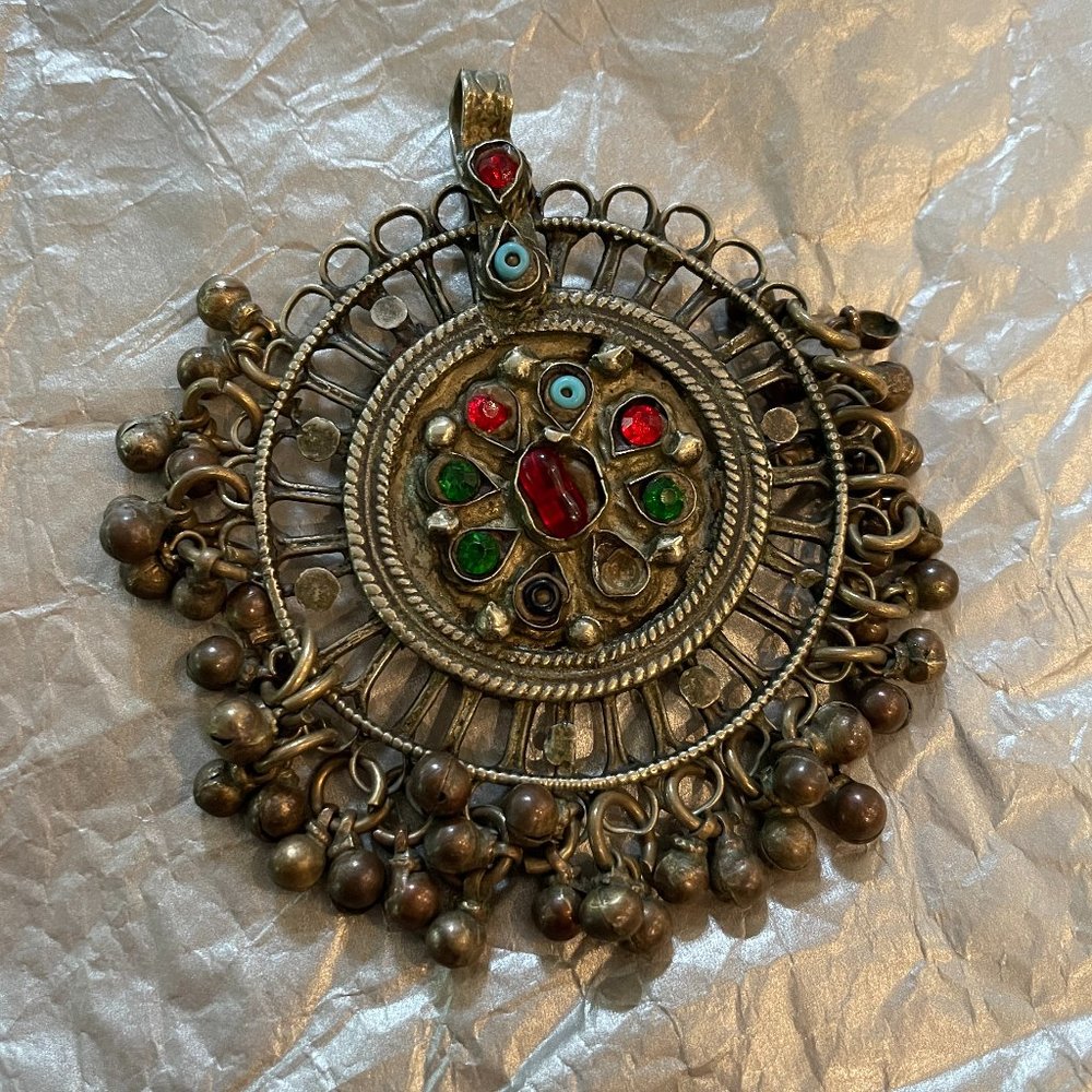 Rare vintage Afghani large necklace pendant with beads +glass stone
